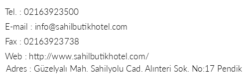 Sahil Butik Hotel telefon numaralar, faks, e-mail, posta adresi ve iletiim bilgileri